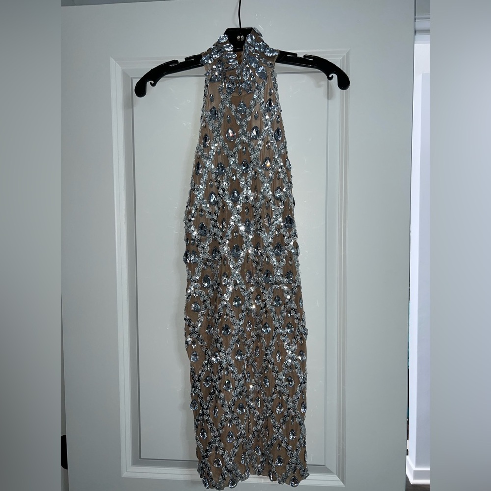Breathtaking NWOT, virtual illusion, jeweled cocktail dress.